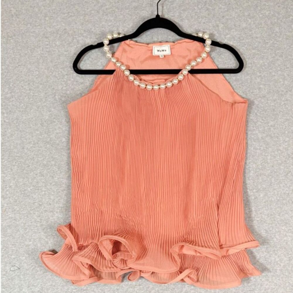 WoWo Women’s M Coral Pleated Pearl Neck Ruffle Blouse